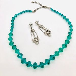 Vintage Teal Glass Necklace & Rhinestone Earrings